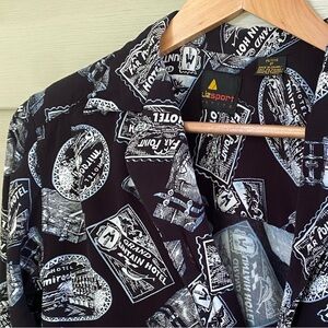 LIZ SPORT rayon button down Vintage Graphic Black & White Shirt travel sz S EUC